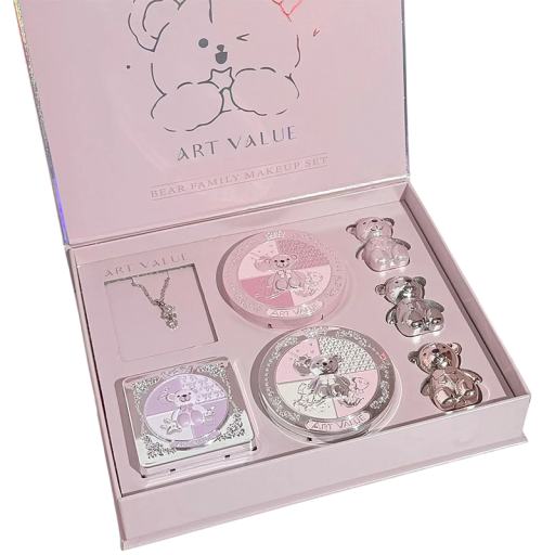 Darčeková make-up sada Bear Family s medvedíkovými leskami, paletkou očných tieňov, lícenkou, púderom a náhrdelníkom, ružová, darček pre ženy
