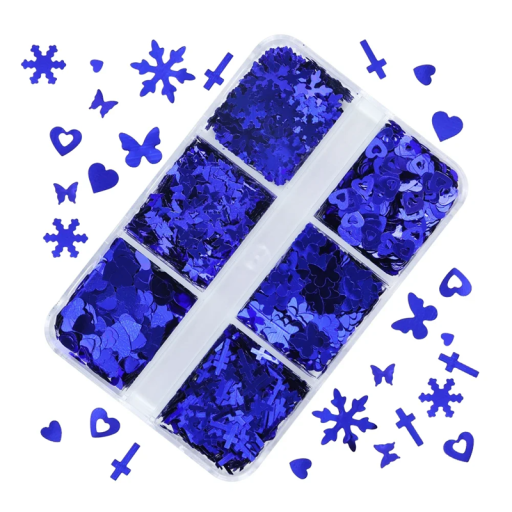 Dark Blue Sequins 3-4 g Various Shapes Box with 6 Compartments Nail Decoration Scrapbooking DIY Crafting