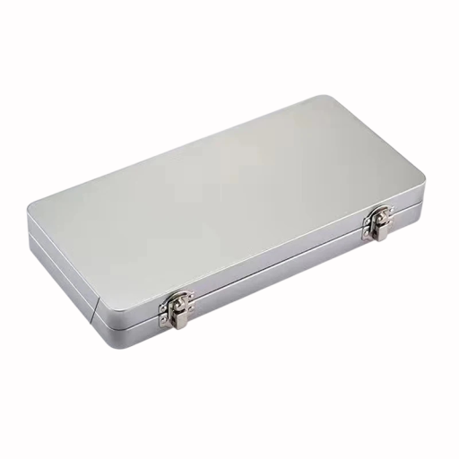 Dárková kovová krabička s víkem 24,9×11,9×3,3 cm plechová dóza ve tvaru kufříku s klipovým uzávěrem balení dárků a potravin