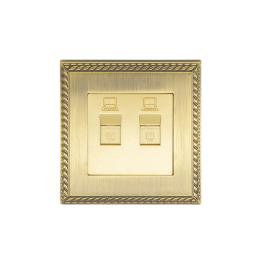 Datová zásuvka RJ45 dvojitá LAN – 2 porty, 86×90 mm, kovová zinková slitina, vintage rám, zlatá, univerzální do domácnosti i kanceláře