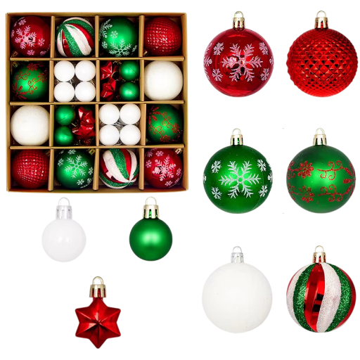 Decoração de Natal 44 pcs 3 - 6 cm Ornamentos coloridos para árvore de Natal Bolas e estrelas em cores clássicas de Natal e tamanhos variados