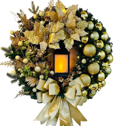 Decoração de Natal 45 cm Coroa Dourada com Lâmpada Ornamento de Natal Iluminado para Porta e Parede Coroa Festiva Elegante com Efeito de Luz