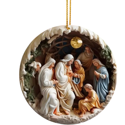 Decoração redonda de Natal em acrílico 2D Presépio 8 x 8 cm Ornamento suspenso Nascimento de Jesus Decoração de Natal para árvore interior exterior
