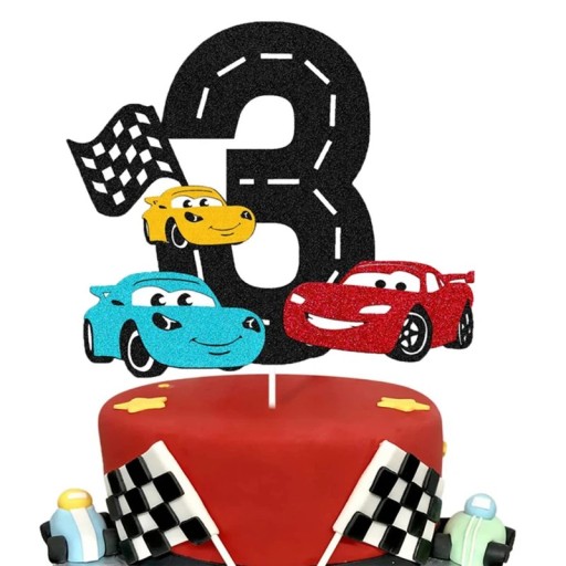 Decoración de pastel con el número 3 Tema de carreras Bandera de carretera Salida Meta Máquinas coloridas Decoración de cumpleaños Fiesta temática