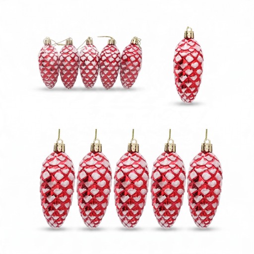 Decorações de Natal Pinhas Neve 5 pcs Com fecho dourado e laço 9 x 3,7 cm Superfície brilhante com efeito de neve Cor vermelha Para a árvore de Natal