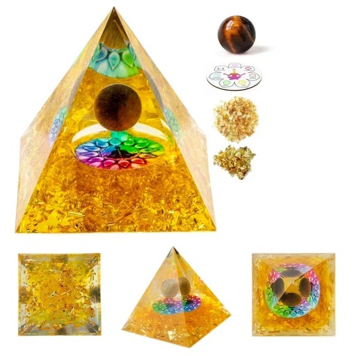 Decoratieve kristallen piramide 5x5 cm met tijgeroog Gouden chakra piramide Kristal met rutielkwarts Energie van gezondheid en zelfvertrouwen