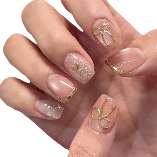 Decoratieve nagels 24 stuks Vierkante vorm met 3D strikjes Fijne glans Zelfklevende set voor thuis manicure Creatieve nagelkunst