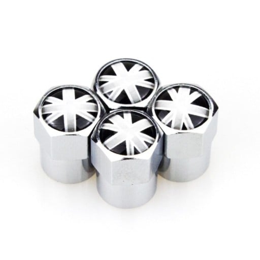 Decoratieve ventieldopjes met het motief van de Britse vlag Aluminium lichaam Zeshoekige vorm Glanzend metalen oppervlak Set van 4 stuks