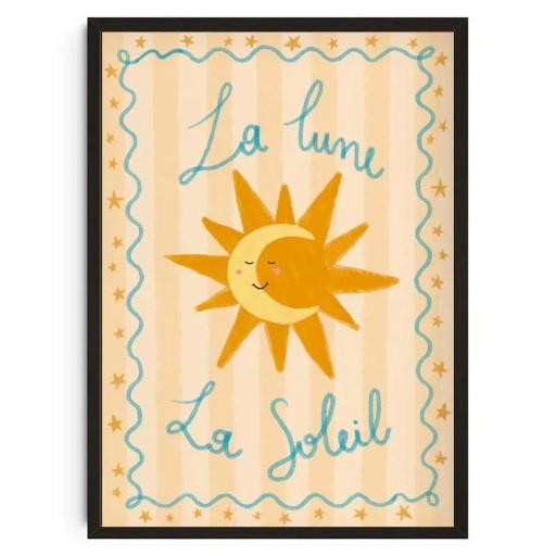 Decoratieve wandposter met de zon en de maan met de tekst la lune la soleil 40 x 50 cm print op canvas illustratie voor de kinderkamer zonder lijst