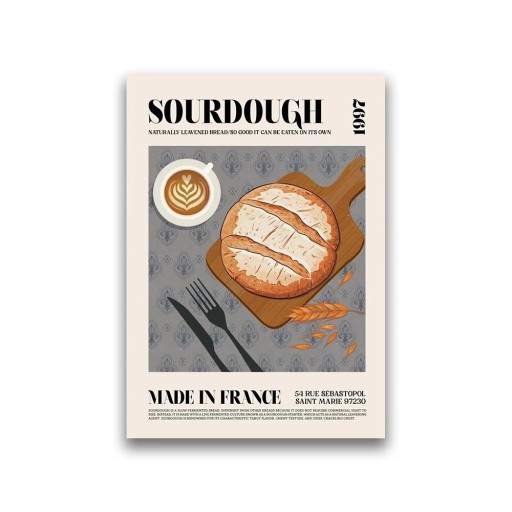 Decoratieve wandposter met het motief van zuurdesembrood 50 × 70 cm print op canvas grijs gastronomisch motief Franse keuken decoratie restaurant