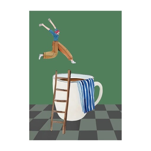 Decoratieve wandposter sprong in de koffie met illustratie van een figuur 20 x 30 cm canvasprint groene achtergrond decoratie voor huis en café zonder lijst