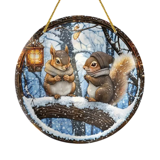Décoration d'hiver suspendue en acrylique 2D 8 x 8 cm Écureuils sur une branche enneigée Badge coloré Décoration intérieure et extérieure Cadeau de Noël
