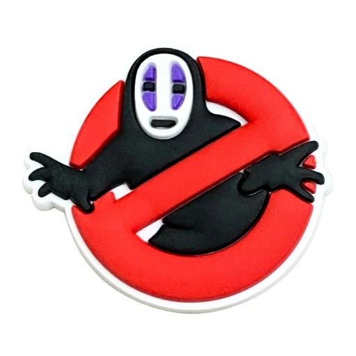 Décoration pour crocs personnage avec masque dans un cercle rouge ornement en PVC pour chaussures motif noir et blanc avec des détails violets pour chaussures