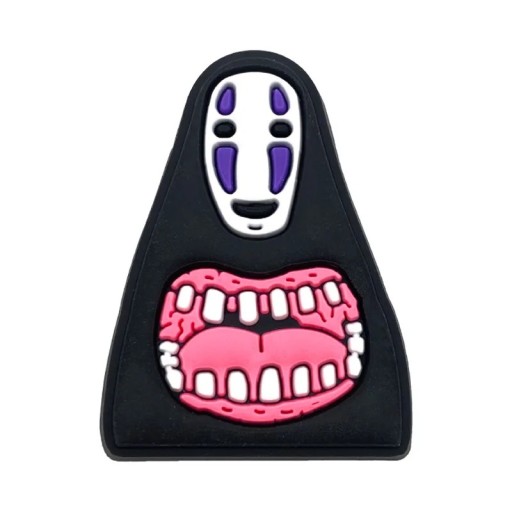 Décoration pour crocs personnage avec masque tenant la bouche PVC ornement pour chaussures noir blanc rose avec détail violet facile à fixer