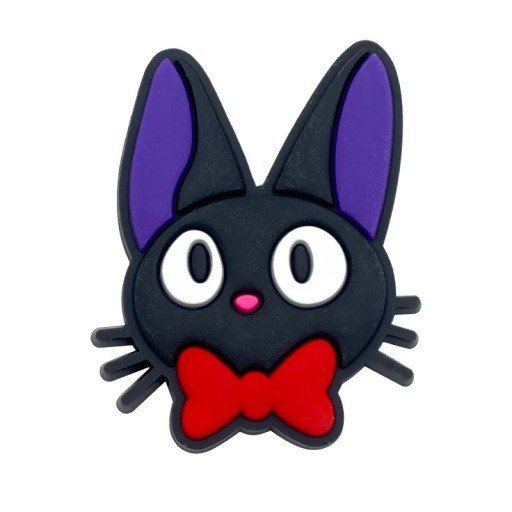 Décoration pour crocs tête de chat avec nœud ornement en PVC pour chaussures noir violet avec détail rouge avec fixation facile