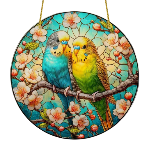 Décoration suspendue en acrylique 2D 8 x 8 cm Deux perruches colorées sur une branche Vitrail en plastique Badge coloré Décoration intérieure et extérieure Cadeau