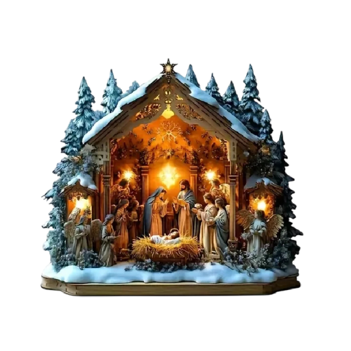 Decorațiune de Crăciun din acril 2D pentru masă 15 x 15 cm Nașterea lui Isus Betleem Imprimare desenată pădure acoperită de zăpadă Ornament de masă