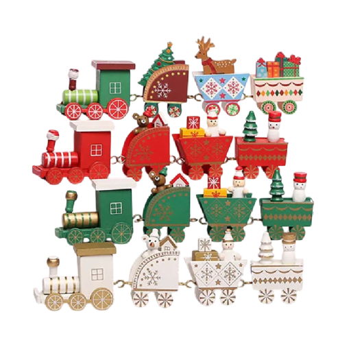 Decorațiune de Crăciun din lemn Locomotivă cu 3 vagoane 24,5 x 6,5 cm Trenuleț pictat manual cu cadouri și figurine în cutie de cadou pentru masă sau raft