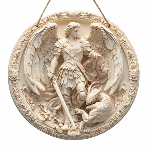 Decorațiune de perete din lemn alb cu înger și sabie 20 x 20 cm Disc rotund 2D Ornament plat cu relief Simbol spiritual protector
