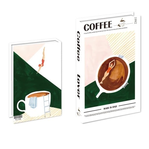 Decorațiune falsă carte COFFEE Lover 1992 Fabricat în Italia Neotevărată fantezie de carte Design retro cu motiv de cafea Accesoriu elegant