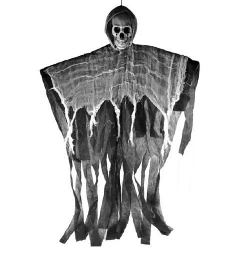 Decorativ Fantomă agățat în aer liber, pentru interior, pentru Halloween, schelet mare, cu haină, craniu, cu mantie, decorație înfricoșătoare de Halloween 90x50cm