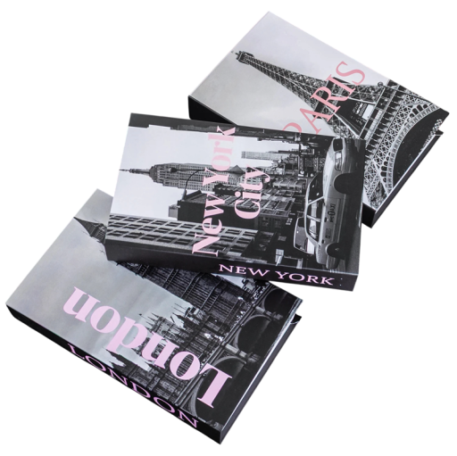 Decorative Fake Books 3 pcs Non-Opening Black and White Books London Paris New York with Pink Writing