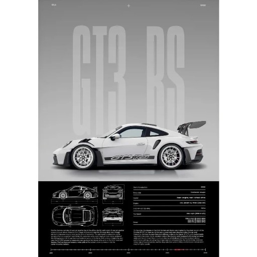 Dekoraatioplakaatti GT3-RS urheilu luksusauto 30 x 40 cm kangaspainatus valkoinen auto ilman kehystä seinätaulu kotiin