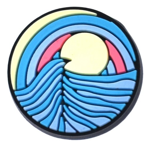 Dekorace na crocsy abstraktní krajina v kruhu PVC modrá ozdoba do nazouvací obuvi doplněk do otvorů bot kulatý motiv