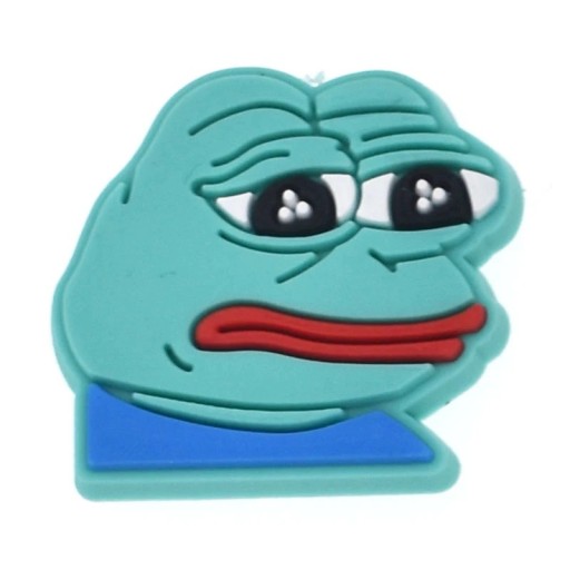 Dekorace na crocsy animovaný žabák se smutným výrazem PVC tyrkysová vícebarevná ozdoba do crocs obuvi doplněk do nazouváků