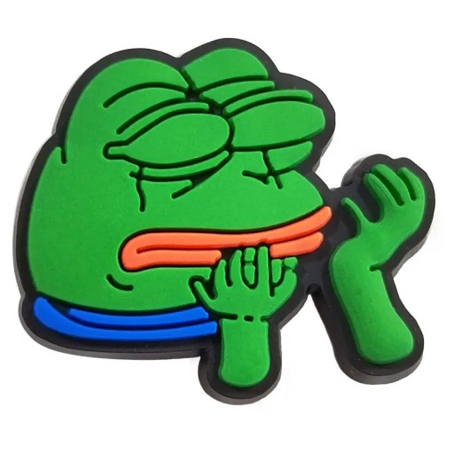 Dekorace na crocsy animovaný žabák se zoufalým výrazem PVC zelená vícebarevná ozdoba do crocs obuvi doplněk do nazouváků