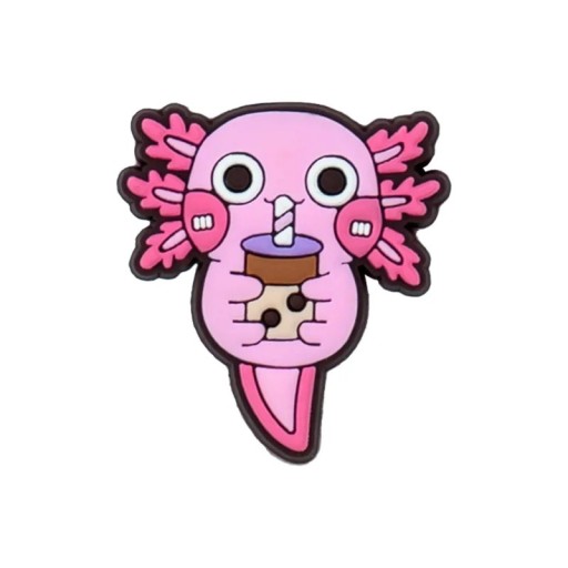 Dekorace na crocsy axolotl s bubble tea 2–3 cm PVC růžová ozdoba na boty crocs doplněk pro personalizaci obuvi