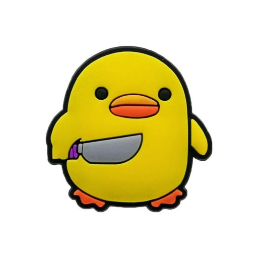 Dekorace na crocsy kuře s nožem 2–3 cm PVC žlutá ozdoba do bot a nazouváků pro snadné umístění s výrazným motivem