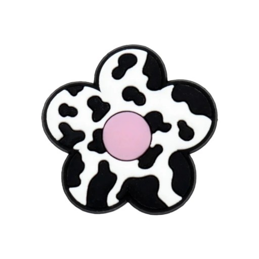 Dekorace na crocsy květina s kravským vzorem 2–3 cm PVC černo bílá ozdoba do bot doplněk pro crocs obuv s růžovým středem