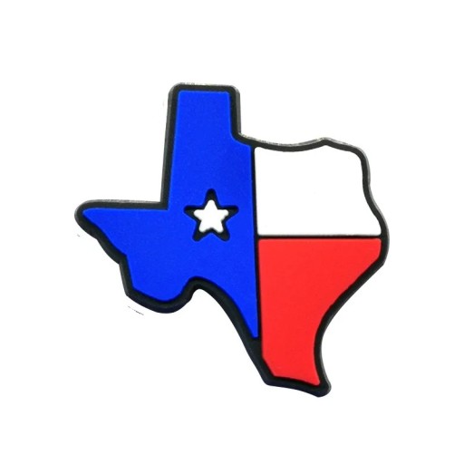 Dekorace na crocsy mapa Texasu 2–3 cm PVC modrá bílá červená doplněk do bot USA motiv ozdoba pro crocs western styl detail