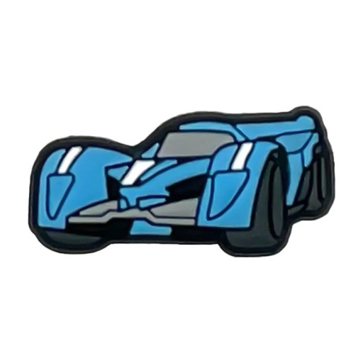 Dekorace na crocsy modré závodní auto 3–4 cm PVC ozdoba na boty crocsy doplněk pro personalizaci nazouváků s otvory