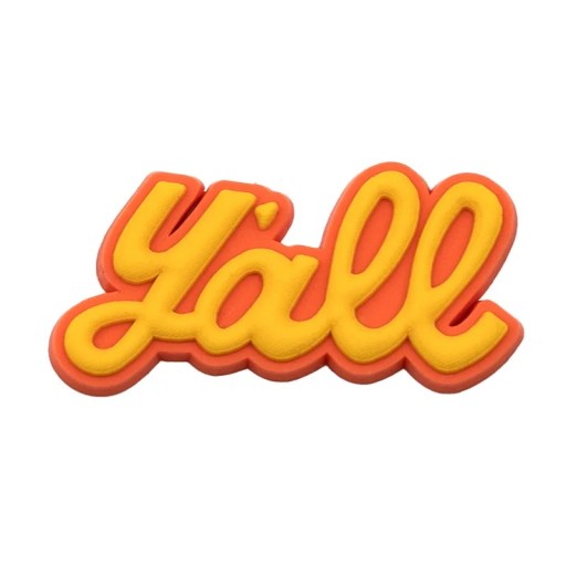 Dekorace na crocsy nápis Yall 2–3 cm PVC oranžovo žlutá ozdoba do bot stylový doplněk pro crocs obuv s textovým motivem