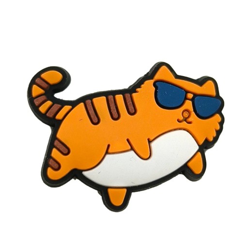 Dekorace na crocsy oranžová kočka se slunečními brýlemi 2–3 cm PVC ozdoba do nazouvací obuvi doplněk do otvorů bot