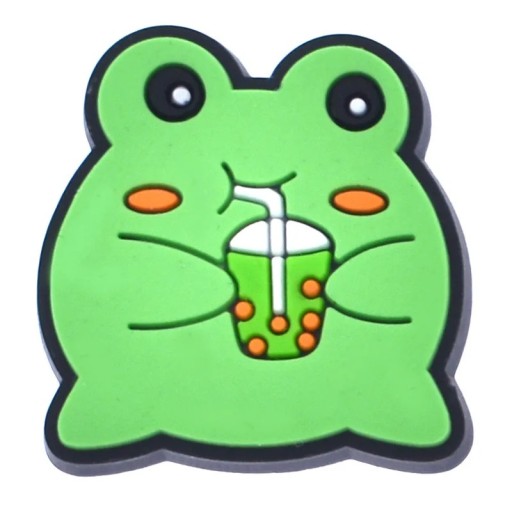 Dekorace na crocsy žába pijící bubble tea PVC zelená ozdoba do crocs obuvi doplněk na nazouváky s motivem žáby