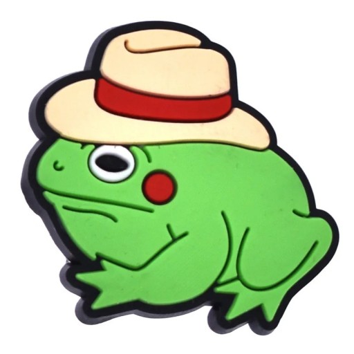 Dekorace na crocsy žába s fedorou PVC zelená ozdoba do crocs obuvi doplněk na nazouváky s motivem žáby a klobouku