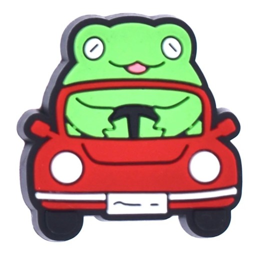 Dekorace na crocsy žába v autě PVC zelená a červená ozdoba do crocs obuvi doplněk na nazouváky s motivem žáby v autě