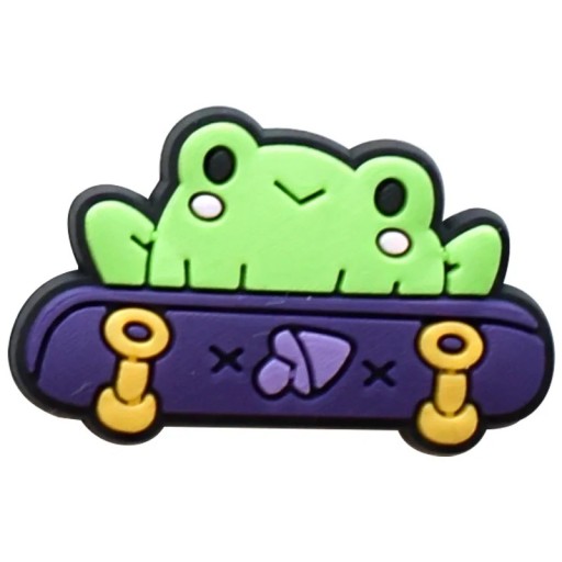 Dekorace na crocsy žabka na skateboardu PVC zelená fialová vícebarevná ozdoba do crocs obuvi doplněk na nazouváky