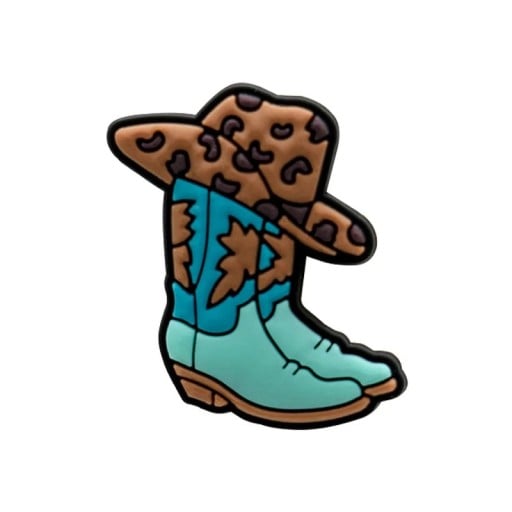 Dekorácia na crocsy kovbojské topánky s klobúkom 2–3 cm PVC tyrkysová hnedá leopardí vzor ozdoba do topánok western doplnok crocs
