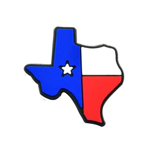 Dekorácia na crocsy mapa Texasu 2–3 cm PVC modrá biela červená doplnok do topánok USA motiv ozdoba pre crocs western štýl detail