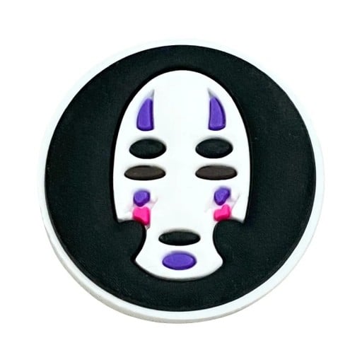 Dekorácia na crocsy maska PVC ozdoba na topánky čierno biela s fialovými detailmi so snadným uchytením pre crocs obuv doplnok