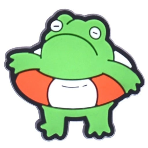 Dekorácia na crocsy žaba so záchranným kruhom PVC zelená oranžová ozdoba do crocs obuvi doplnok na nazúvaky