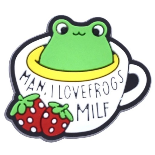 Dekoráció crocsra béka bögre eperrel PVC zöld-fehér dísz crocs lábbelikhez kiegészítő klumpákhoz béka mintával