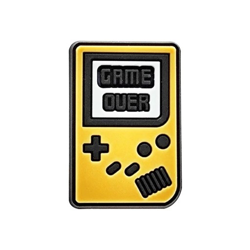 Dekoracja na crocsy w kształcie konsoli gier Game Over 3–4 cm PVC ozdoba na buty czarno-żółty retro motyw gier do personalizacji obuwia