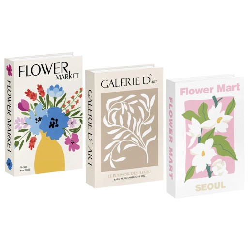 Dekorační falešné knihy Flower Market Galerie D’Art Flower Mart Seoul neotevíratelné imitace knih bílá béžová růžová dekorace