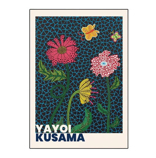 Dekorační plakát na stěnu motiv barevných květin s tečkami Yayoi Kusama styl 30 x 45 cm tisk na plátno bez rámu do interiéru