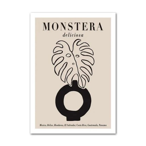 Dekorační plakát na zeď list monstery s nápisem 40 × 60 cm tisk na plátno černo béžové minimalistické botanické provedení do interiéru